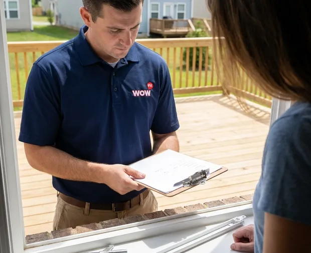 WowFix technician confirming a written seal and hardware price in Clayton NC