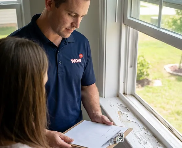 WowFix technician confirming a written rot repair price in Clayton NC