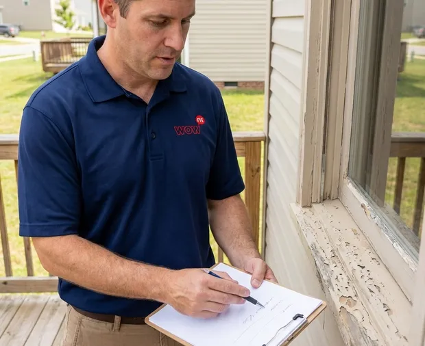 WowFix technician confirming a written rot repair price in Gastonia NC