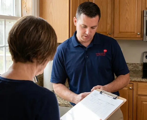 WowFix technician confirming a written wood repair price in Lexington NC