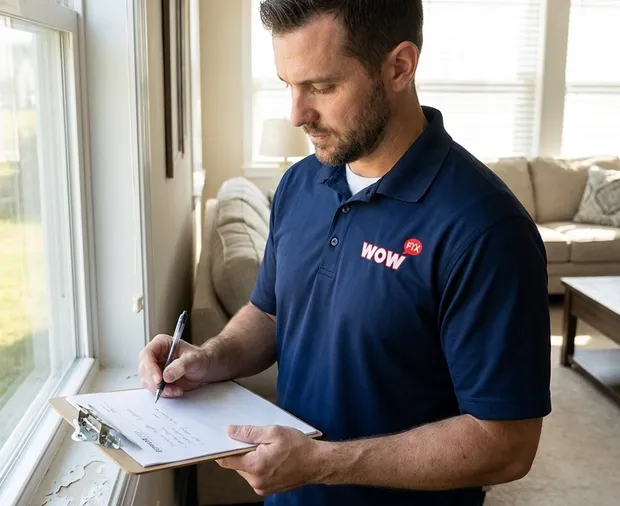 WowFix technician confirming a written rot repair price in Mooresville NC