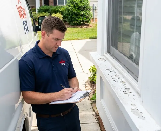 WowFix technician confirming a written rot repair price in Morrisville NC