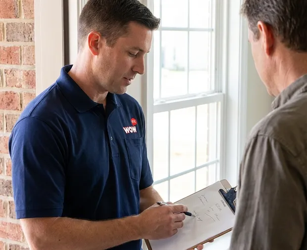 WowFix technician confirming a written window repair price in Burlington NC