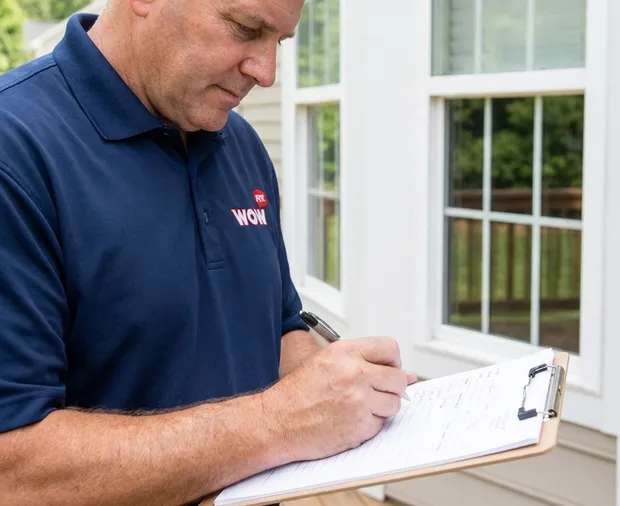 WowFix technician confirming a written window repair price in Cary NC