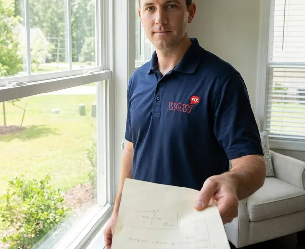 WowFix technician confirming a written single-window price in Clayton NC