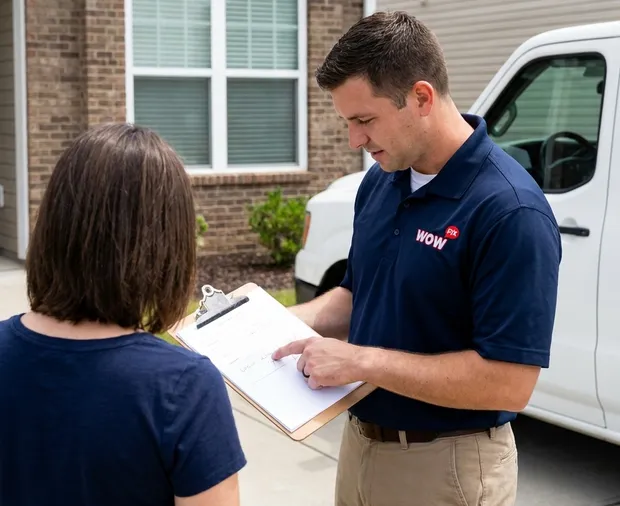 WowFix technician confirming a written window repair price in Garner NC