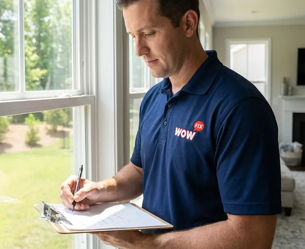 WowFix technician confirming a written window repair price in Gastonia NC