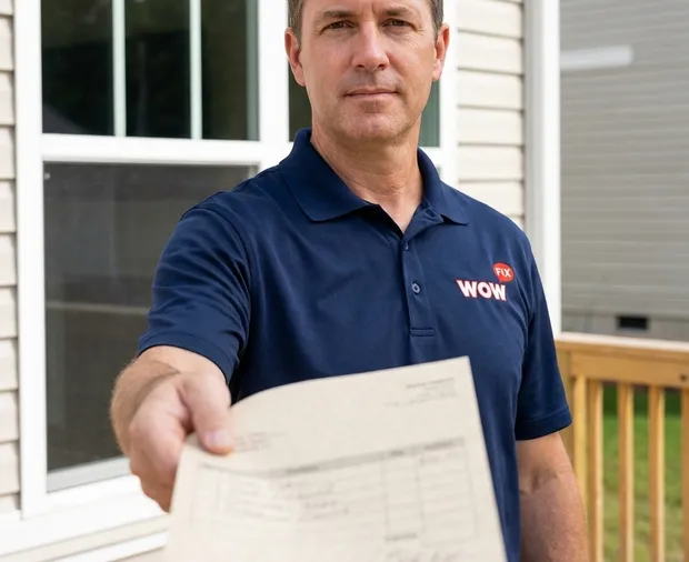 WowFix technician confirming a written window repair price on-site in Kannapolis NC