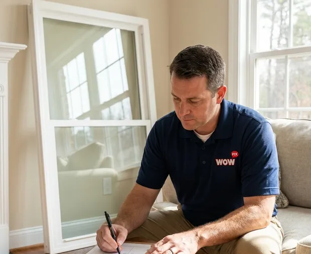 WowFix technician preparing a written window replacement estimate in Cornelius NC