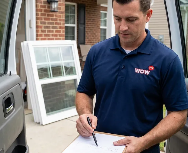 WowFix technician preparing a written window replacement estimate in Garner NC