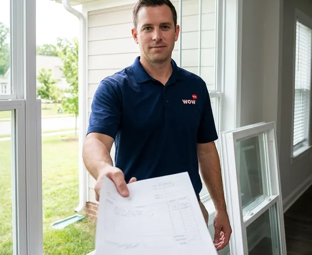 WowFix technician preparing a written window replacement estimate in Greensboro NC