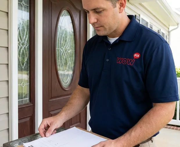 WowFix technician measuring door glass before a written quote in Chapel Hill NC