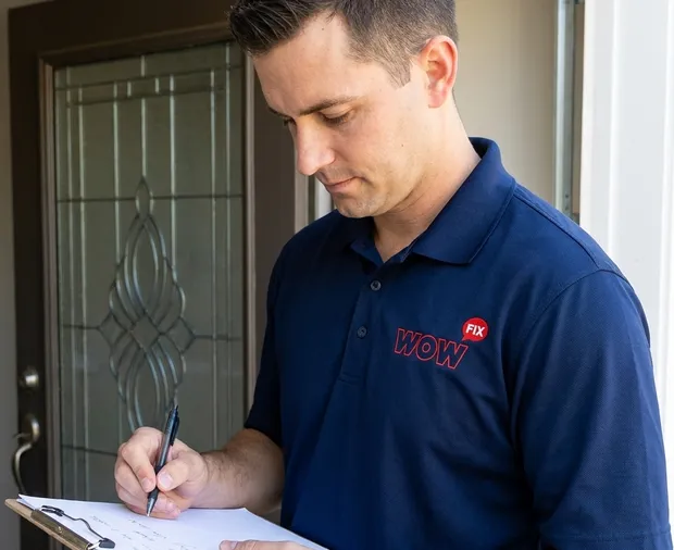WowFix technician measuring door glass before a written quote in Concord NC