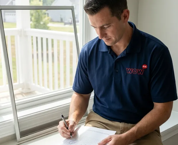WowFix technician measuring a screen opening before a written quote in Kernersville NC