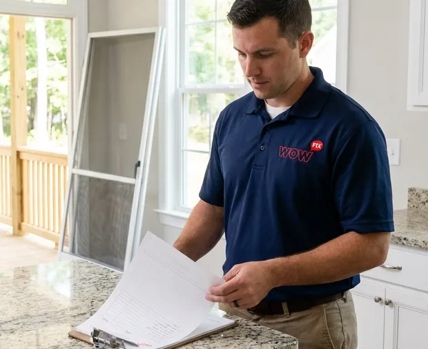 WowFix technician measuring a screen door opening before a written quote in Mooresville NC