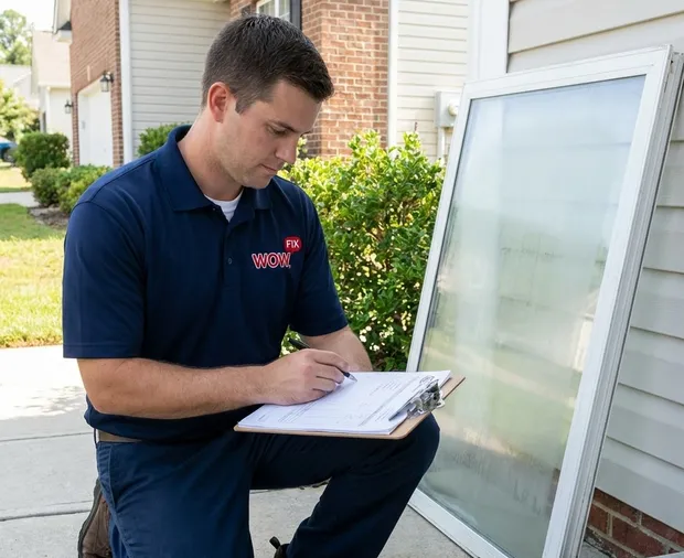 WowFix technician measuring a fogged window before a written quote in Greensboro