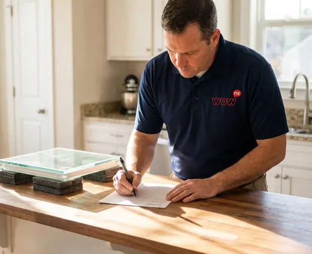 WowFix technician preparing a written glass repair quote in Cary NC