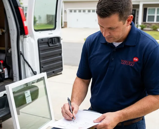 WowFix technician measuring a pane before a written glass repair quote in Greensboro NC