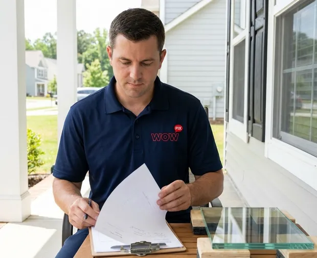 WowFix technician measuring a glass panel before a written quote in Matthews NC