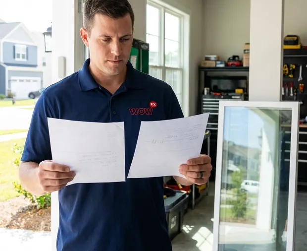 WowFix technician measuring a pane before a written glass repair quote in Mooresville NC