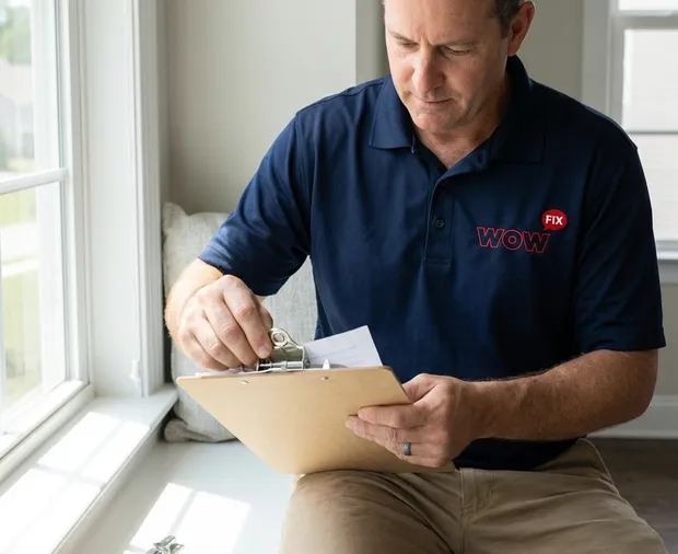 WowFix technician measuring a window before a written hardware repair quote in Raleigh