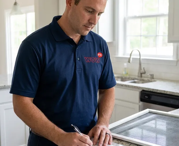 WowFix technician measuring a screen opening before a written quote in Concord NC