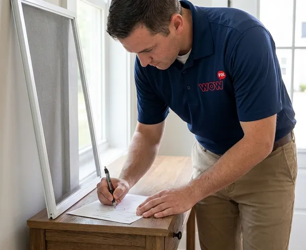 WowFix technician measuring a screen opening before a written quote in Greensboro NC