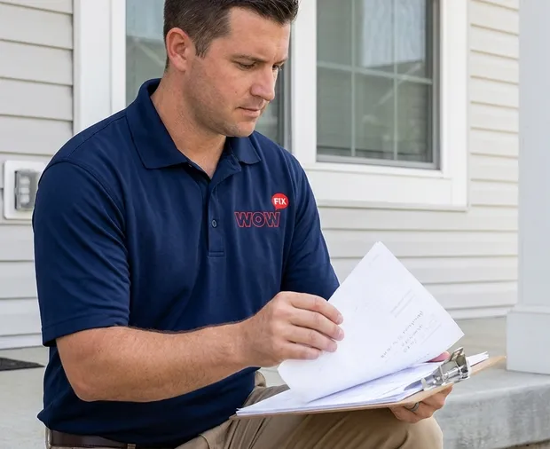 WowFix technician measuring a window before a written repair quote in High Point NC