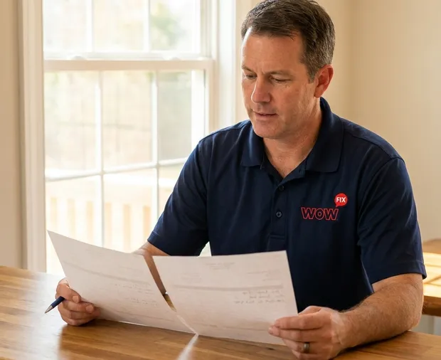 WowFix technician measuring a window before a written quote in Huntersville NC