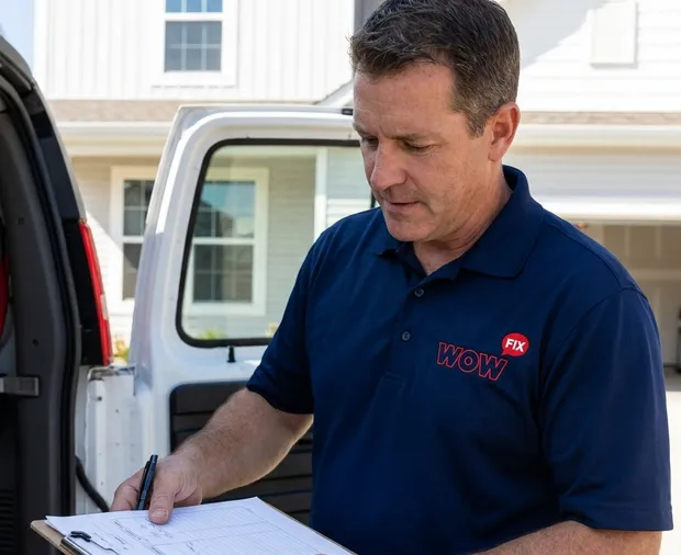 WowFix technician measuring a Raleigh window with a tape measure before a written quote