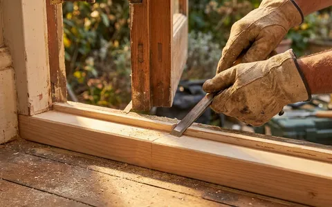 Fresh wooden repair section fitted at the bottom of a rotted patio door frame