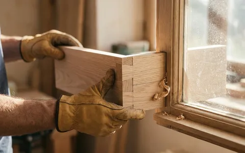 New wooden section fitted into a rotted window frame corner with precise joinery