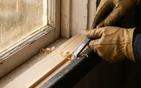 Carpenter chiseling a new wood section into a rotted window sash — wood window repair
