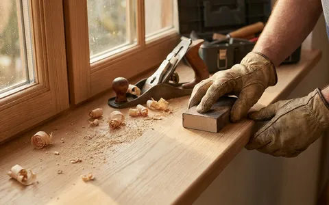 Freshly rebuilt wooden window sill being sanded smooth after rot repair
