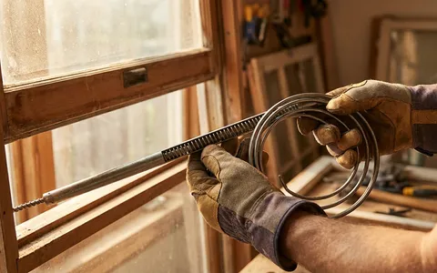 Spiral sash balancer mechanism in a technician's hands next to a double-hung window that won't stay up