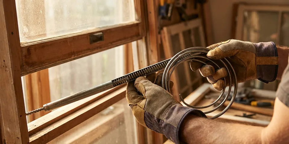 Spiral sash balancer mechanism in a technician's hands next to a double-hung window that won't stay up