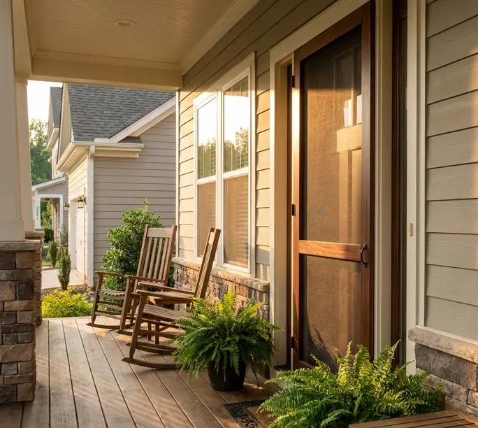 Screen door fitted flush on a bright porch — mesh drawn tight