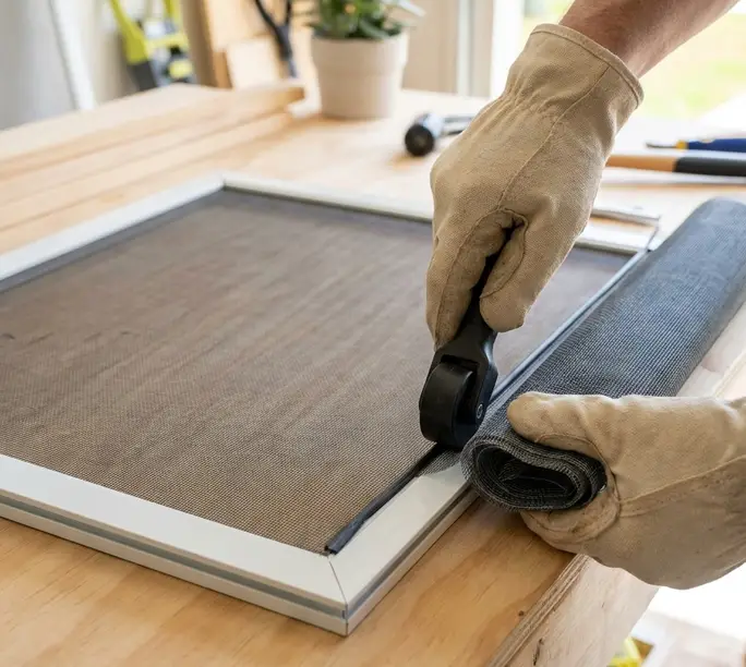 Fresh fiberglass mesh being set into a window screen frame