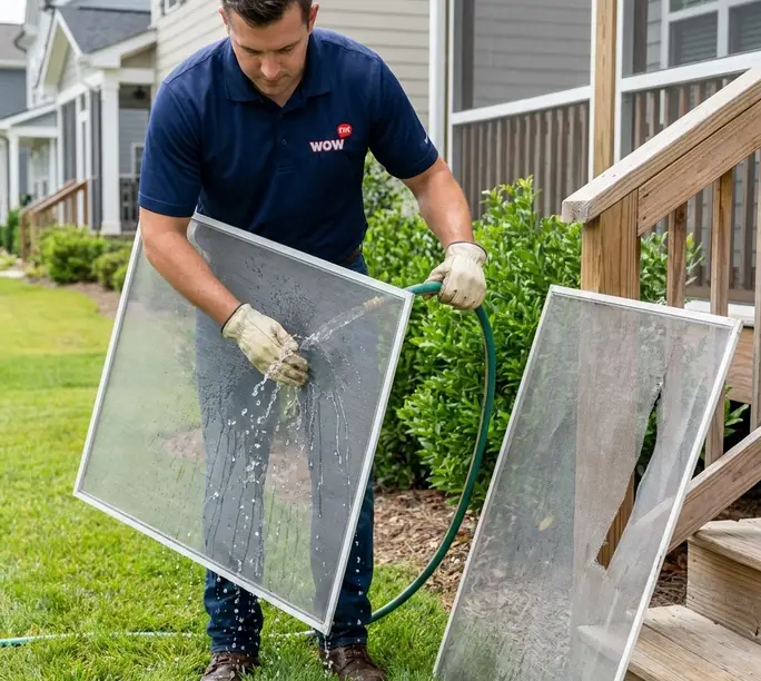 Healthy screen rinsed clean — brittle mesh gets replaced instead