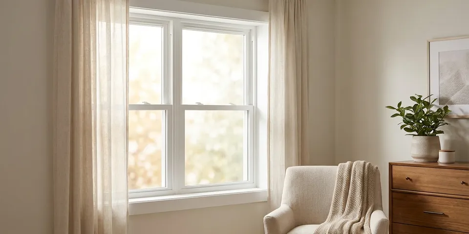 Clean white vinyl double-hung window in a suburban bedroom — the Simonton style WowFix repairs
