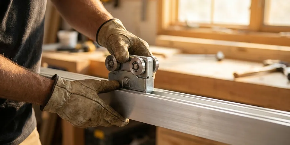 New sliding glass door roller cart held above a clean patio door track — sliding door repair