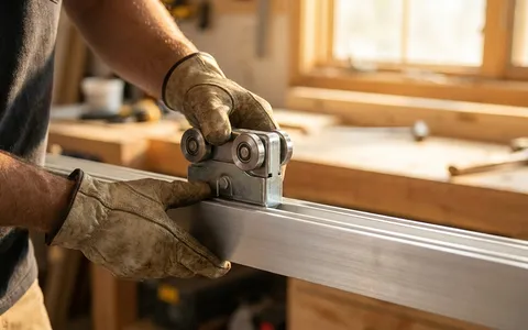 New sliding glass door roller cart held above a clean patio door track — sliding door repair