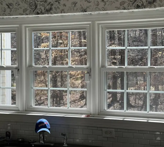 Builder-grade grid windows in a Triangle kitchen — the housing stock we service every week