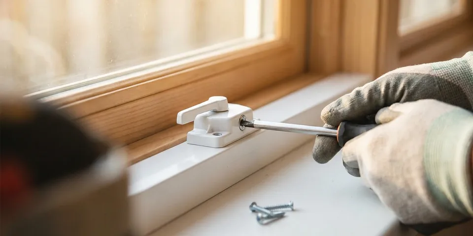 New window sash lock being fastened onto a window meeting rail — window latch repair