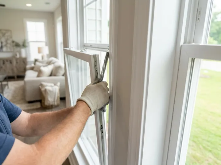 Window balancer being replaced in the side jamb of a double-hung window