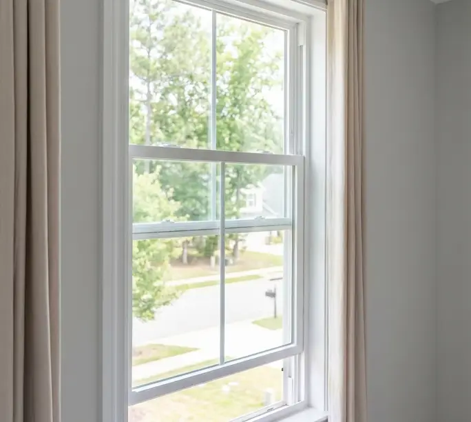 Double-hung window with its sash, balancer channel and lock visible — the parts that repair