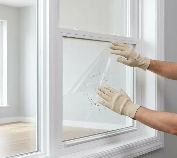 WowFix technician securing a broken pane with clear protective film in a Cary home
