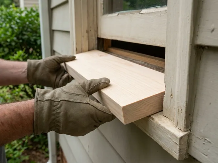 Rotted window sill wood cut out clean for a milled replacement piece