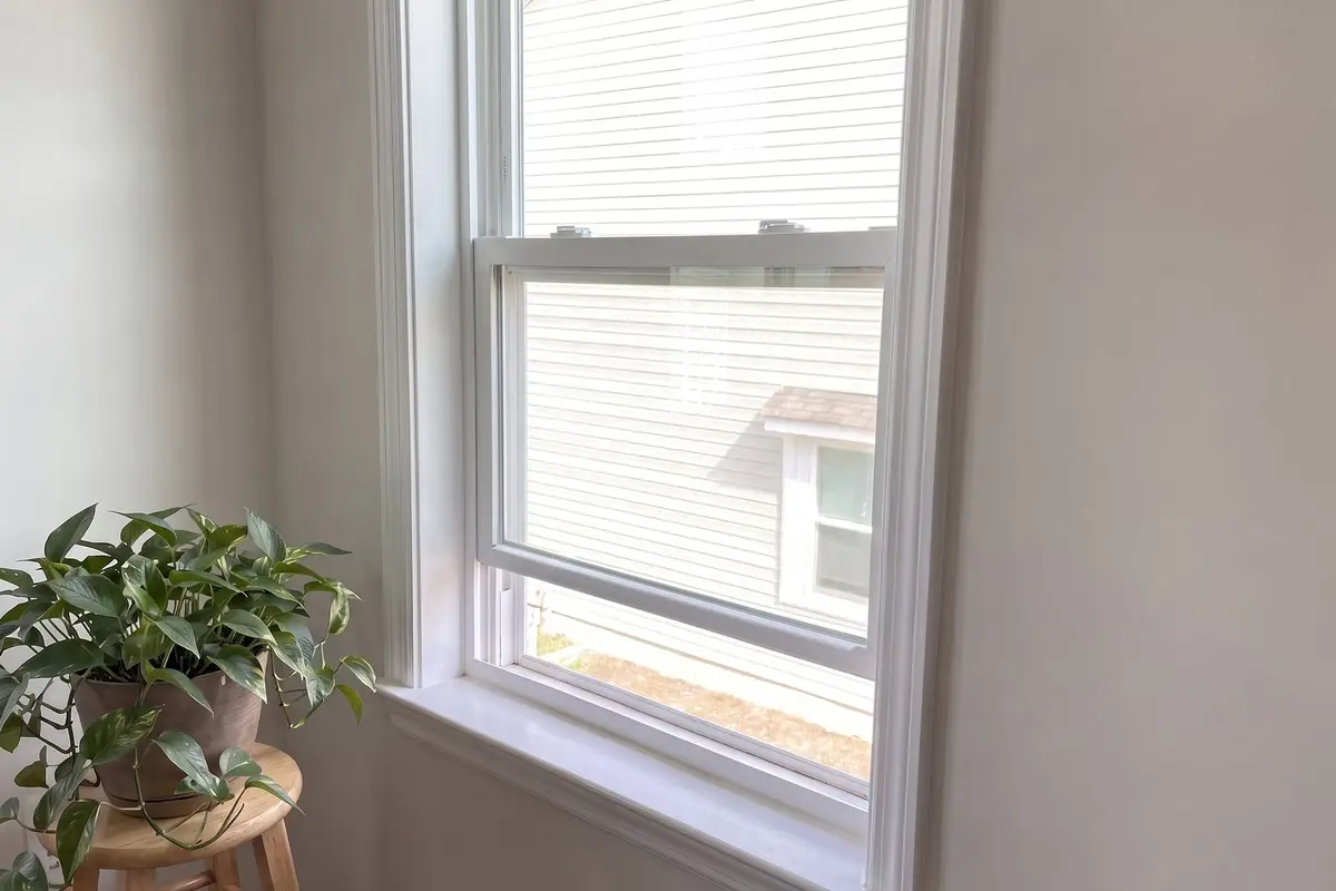 The same window after a balance repair, the lower sash holding halfway open on its own