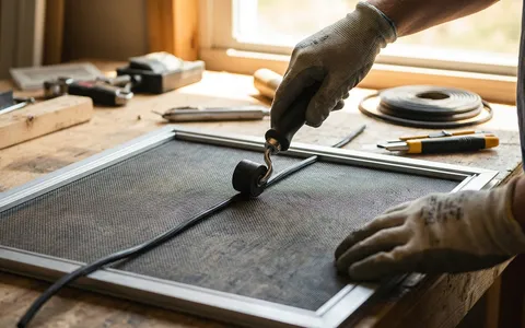 Window screen being re-meshed with new fiberglass mesh and a spline roller tool